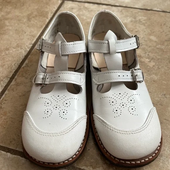 Vintage Shoes 1950'S Girls Classic Leather White Double Buckled Strap Mary Jane - Picture 4 of 11